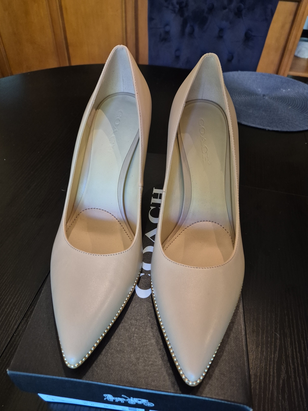 Coach Blush Beige Pointed Leather Pumps with Studded Trim